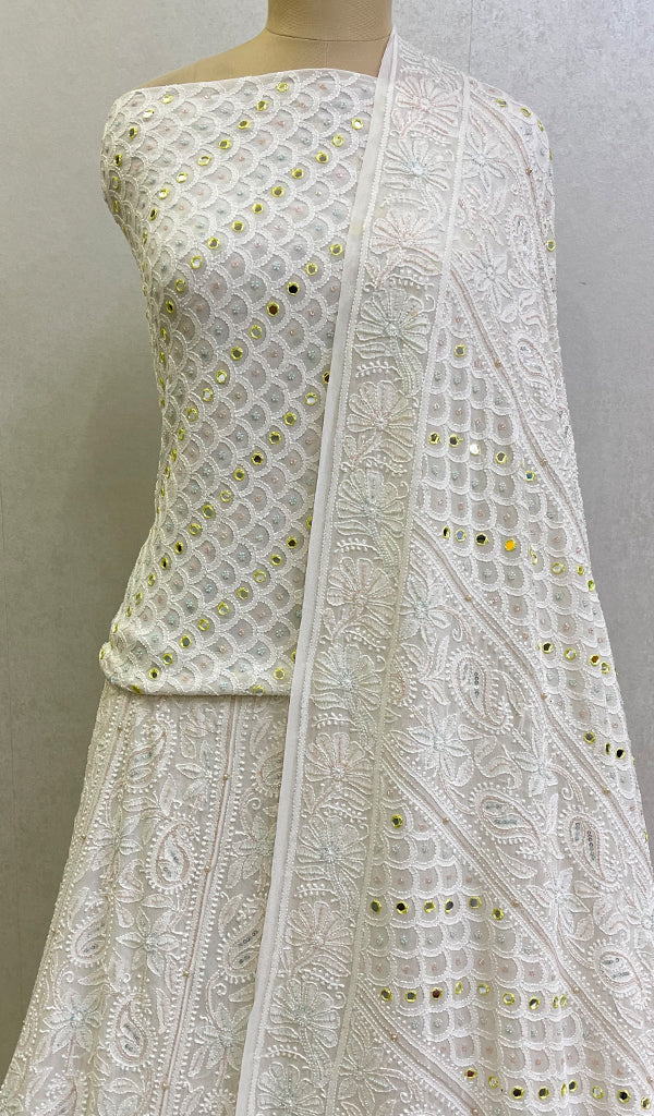Women's Lakhnavi Handcrafted Bridal Pure Silk Georgette Chikankari Lehenga Set - HONC0102936