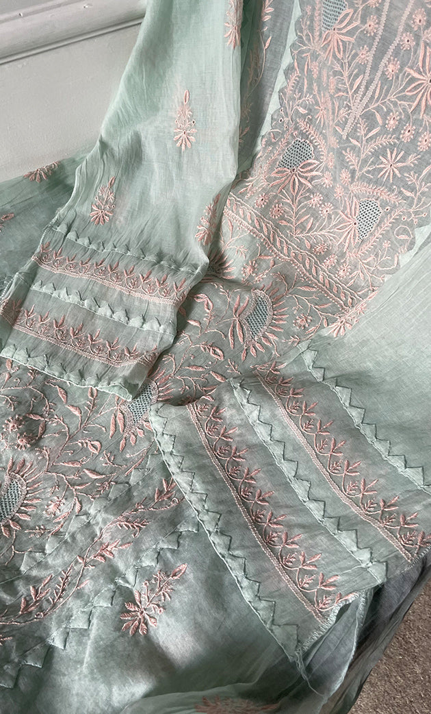 Women's Lakhnavi Handcrafted Mul Chanderi Semi - Stitched Kurta And Dupatta Set - HONC0303406