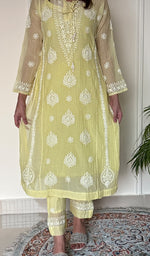 Ira Women's Lucknowi Handcrafted Mul Chanderi Stitched Chikankari Kurta And Plazzo Set .