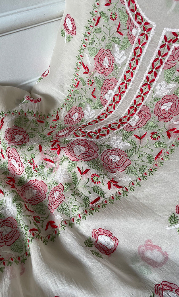 Women's Lakhnavi Handcrafted Pure Organza Chikankari Unstitched Kurta And Dupatta Set- HONC0319583