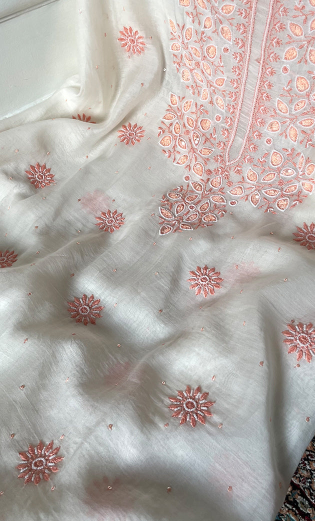 Women's Lakhnavi Handcrafted Unstitchd Mul Chanderi Kurta And Dupatta Set - HONC0317812