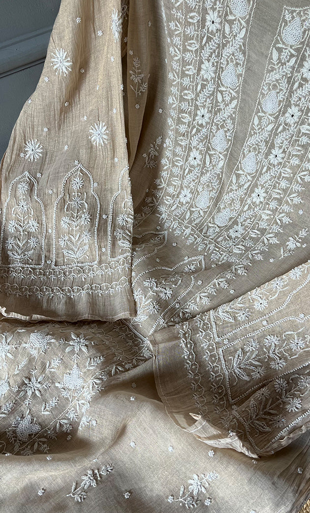 Women's Lakhnavi Handcrafted Tissue Chanderi Semi - Stitched Kurta , Dupatta And Pant set - HONC0285747