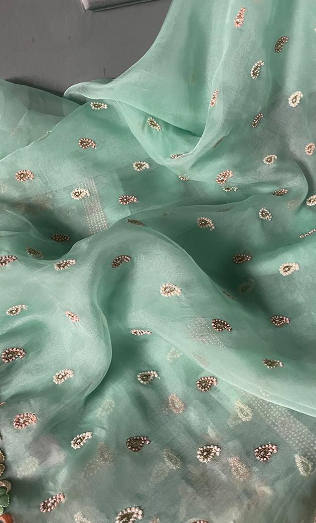 Women's Lakhnavi Handcrafted Pure Organza Silk Chikankari Unstitched Full Suit Material - HONC0267229
