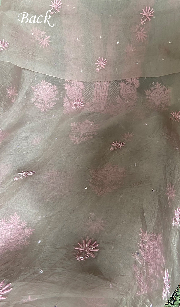 Women's Lakhnavi Handcrafted Pure Organza Chikankari Unstitched Kurta And Dupatta Set- HONC0361456