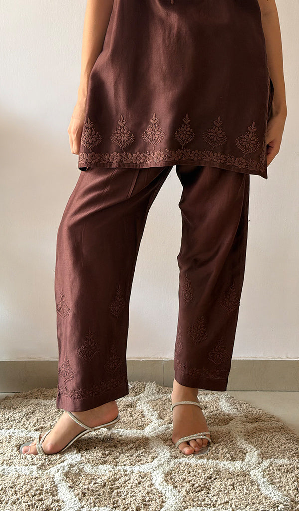 Amreena Women's Lakhnavi Handcrafted Chanderi Silk Chikankari Top And Pant Set - HONC0345001