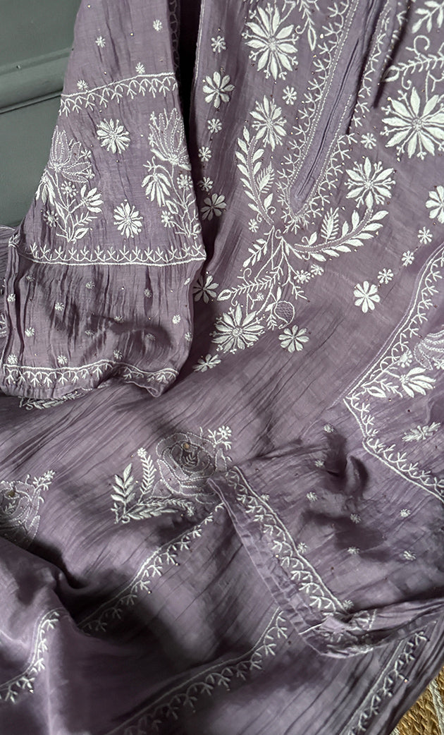 Women's Lakhnavi Handcrafted Mul Chanderi Semi - Stitched Anarkali And Dupatta Set - HONC0280980