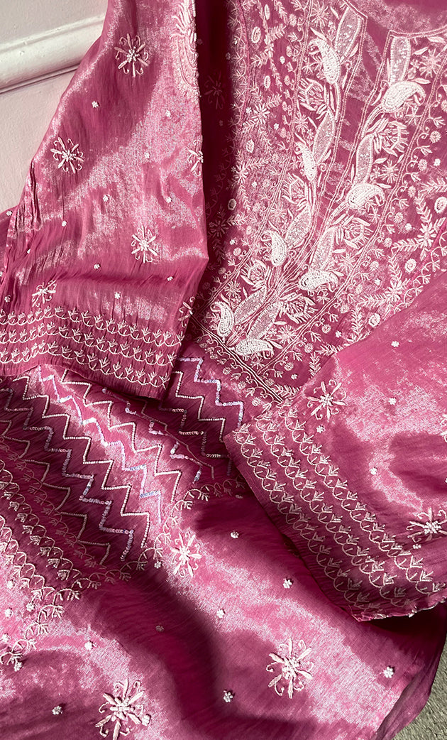 Women's Lakhnavi Handcrafted Tissue Chanderi Semi-Stitched Anarkali And Dupatta Set - HONC0323636