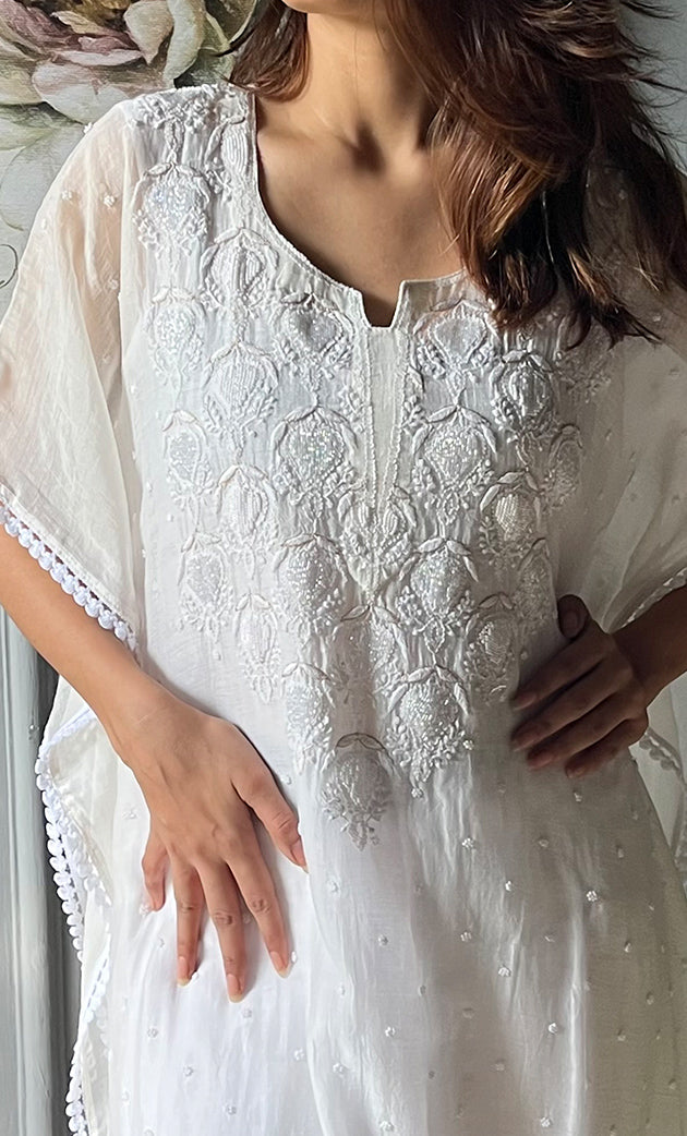 Women's Lucknowi Handcrafted Mul chanderi Chikankari Kaftan - HONC0303414