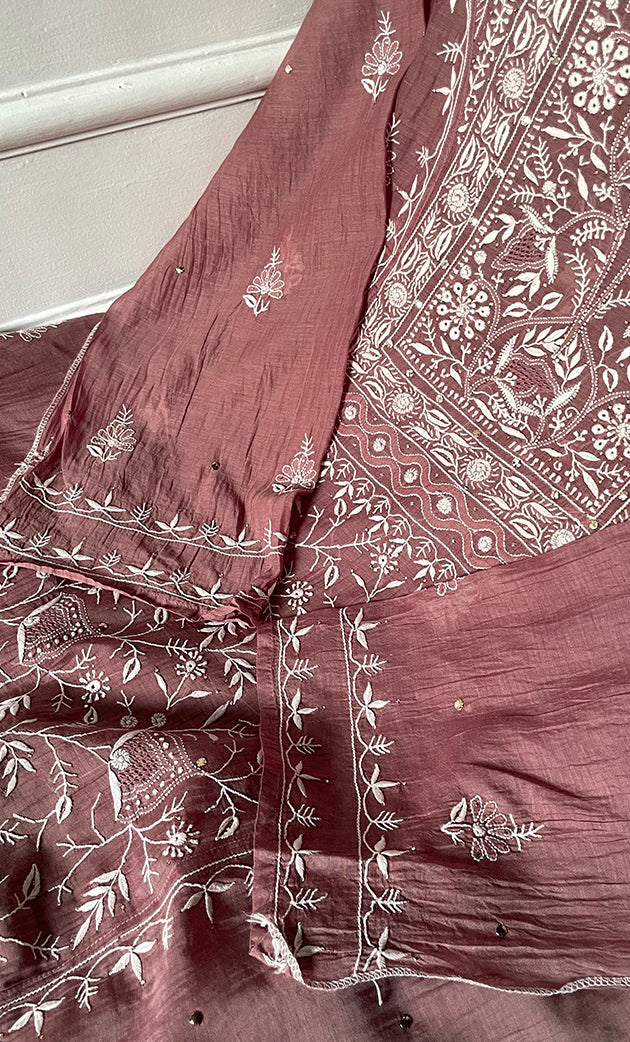 Women's Lakhnavi Handcrafted Mul Chanderi Semi -stitched Chikankari Full Suit Material - HONC0296115