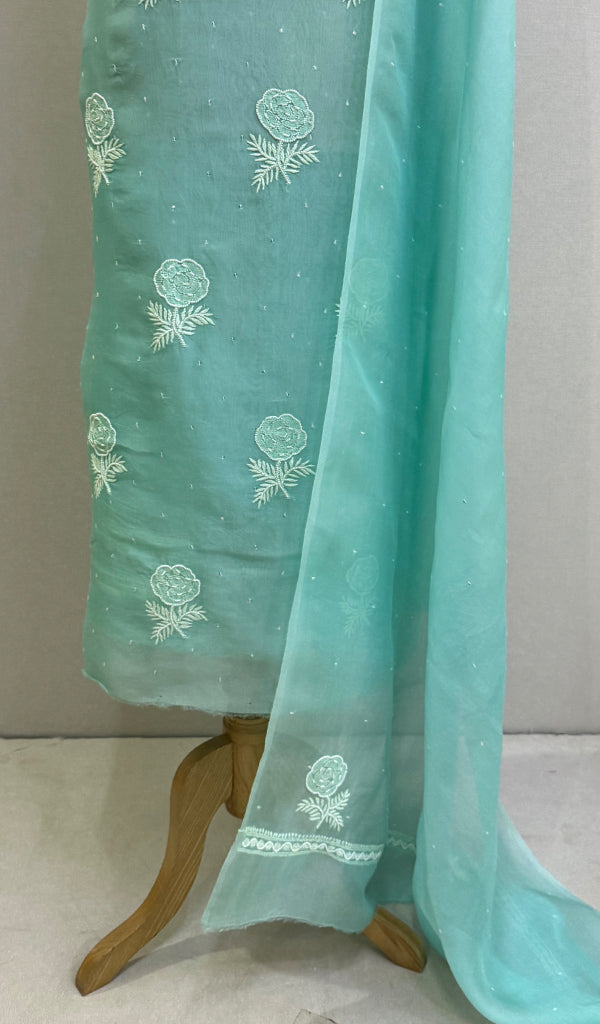 Gulaab Women's Lakhnavi Handcrafted Pure Organza Chikankari Unstitched Kurta And Dupatta Set- HONC0228072