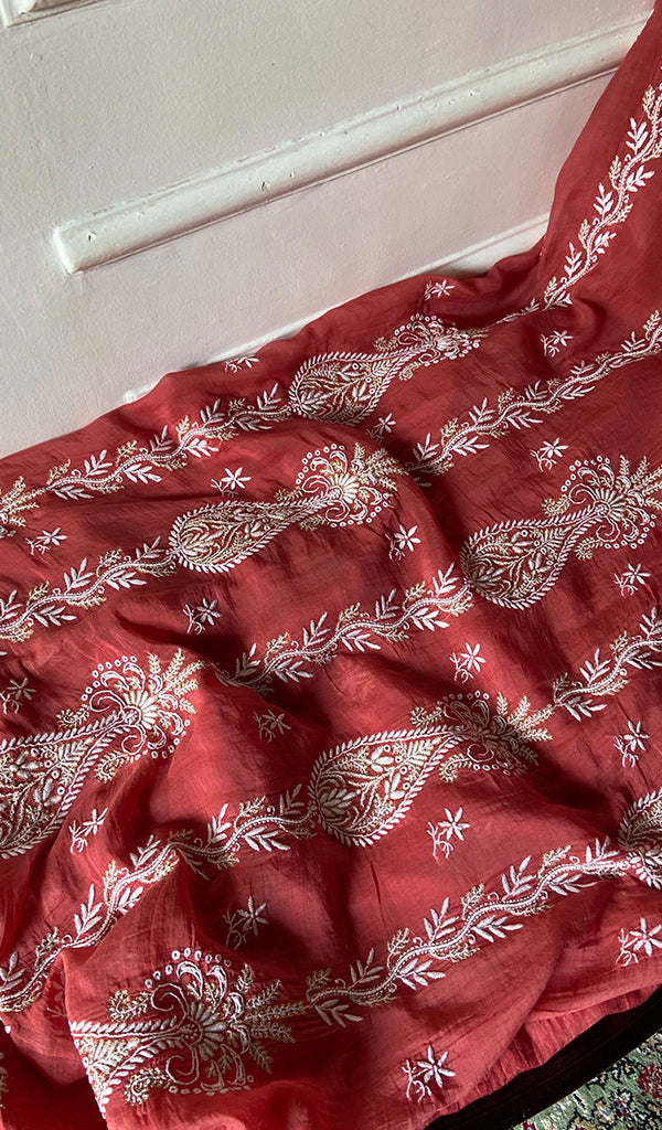 Women's Lakhnavi Handcrafted Mul Chanderi Unstitched Kurta And Dupatta Set - HONC0365688