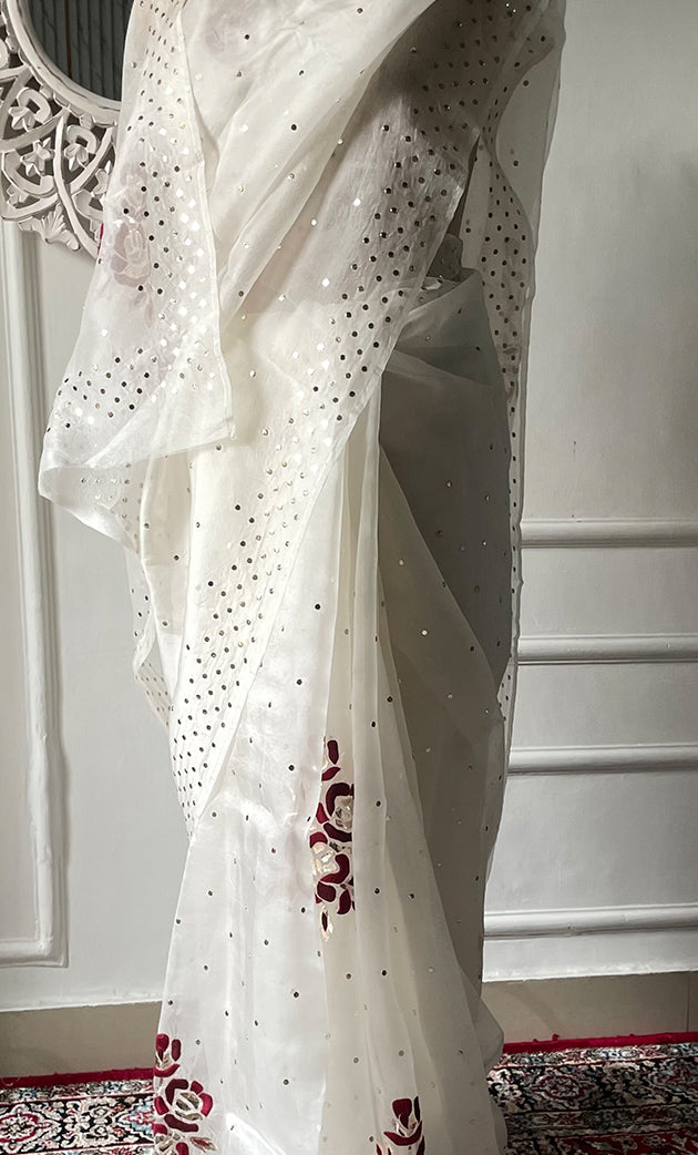 Women's Lucknowi Handcrafted Pure Organza Silk Chikankari Saree - HONC0329244