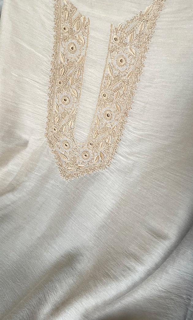 Lucknowi Handcrafted Munga Silk Chikankari Unstitched Men's Kurta Fabric - HONC0314524