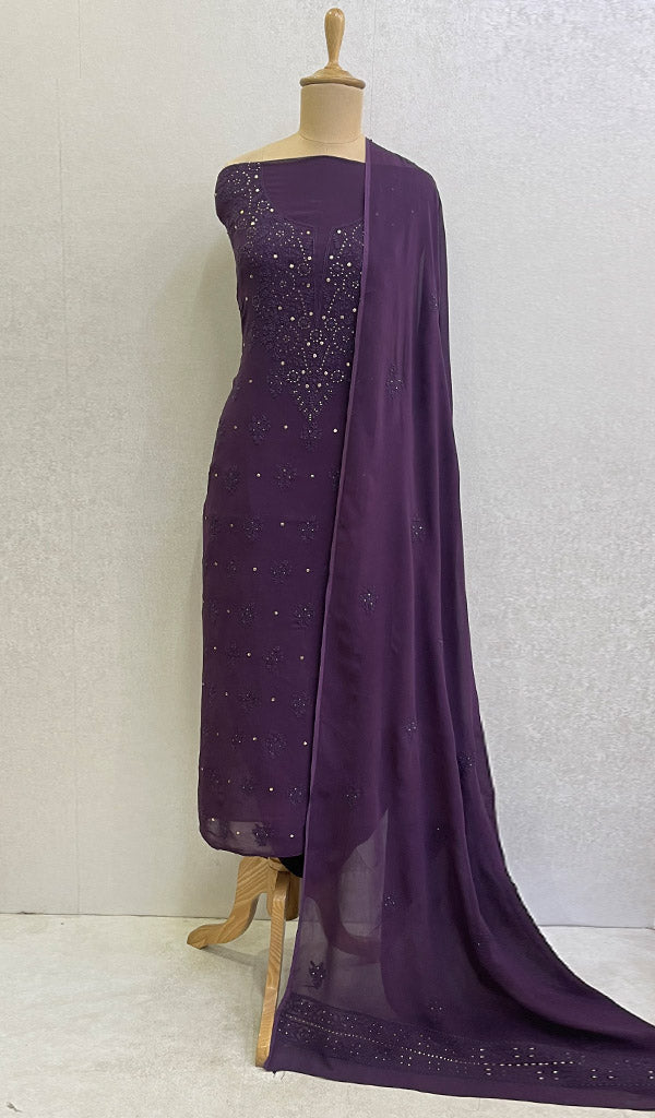 Lucknowi 手工粘胶乔其纱 Chikankari 西装材料 - HONC0111085