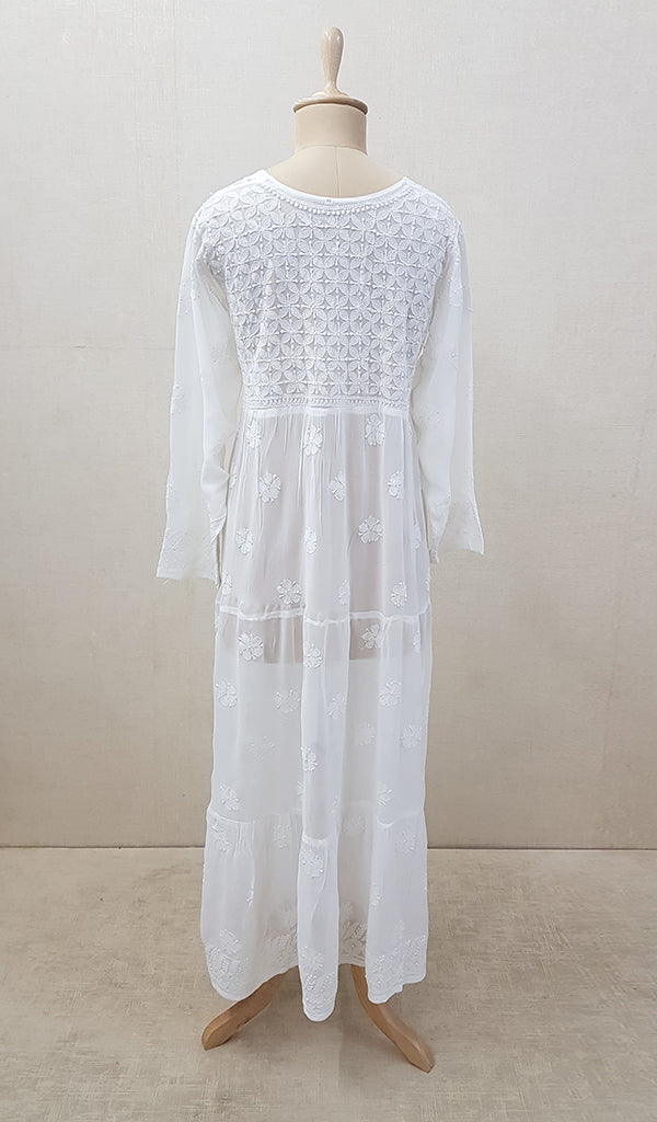 Women's Lakhnavi Handcrafted White Viscose Georgette Chikankari Dress - NC062999