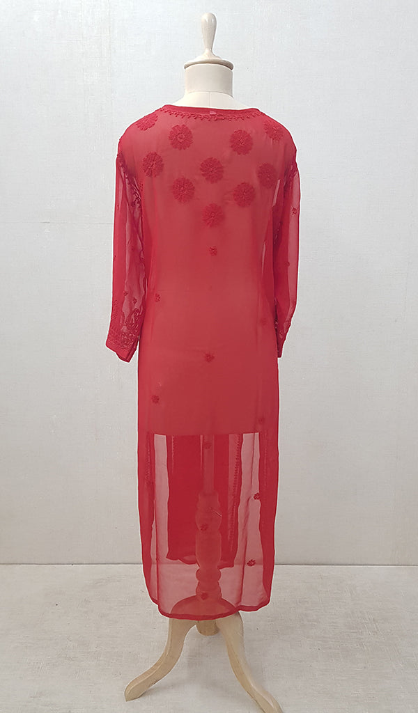 Women's Lucknowi Handcrafted Red Faux-Georgette Chikankari Kurti - NC063009