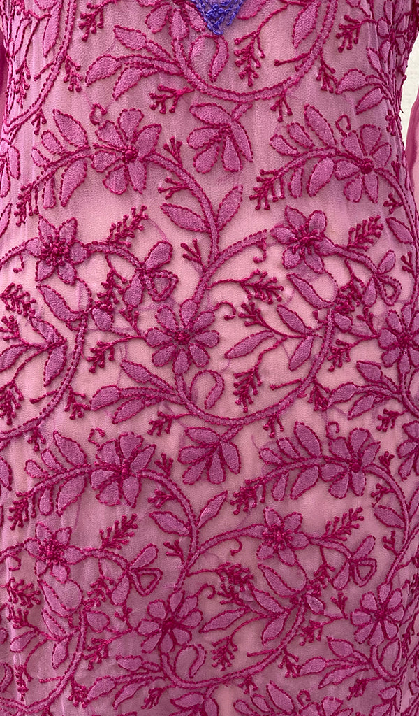 Women's Lakhnavi Handcrafted Dark Pink Faux-Georgette Chikankari Kurti - NC065831