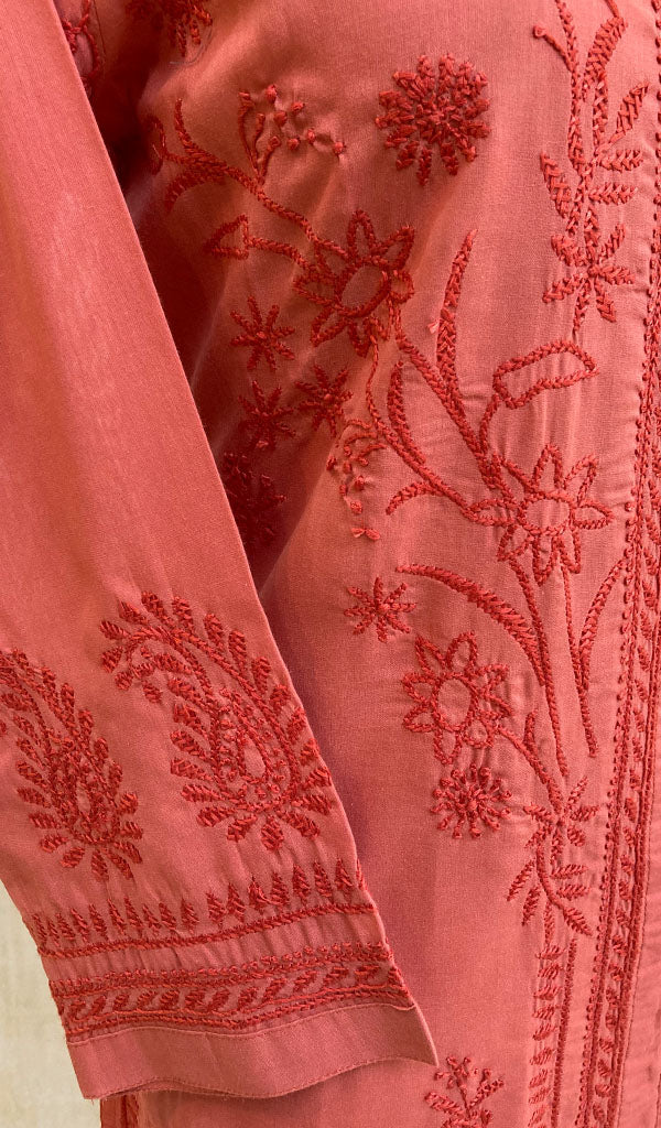 Women's Lucknowi Handcrafted Red Cotton Chikankari Kurti - NC068810