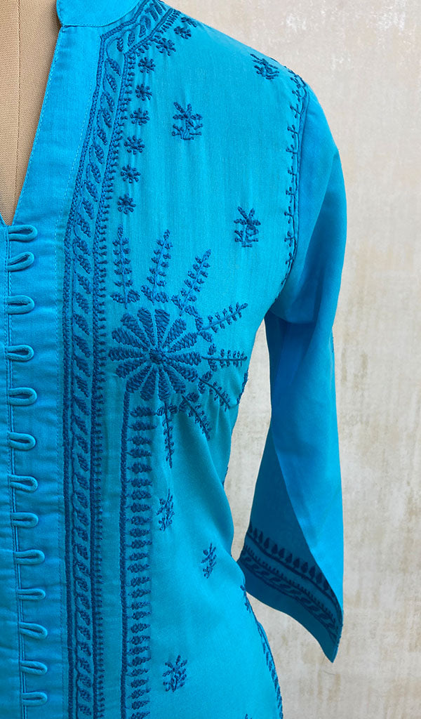 Women's Lucknowi Handcrafted Turquoise Cotton Chikankari Kurti - NC068812