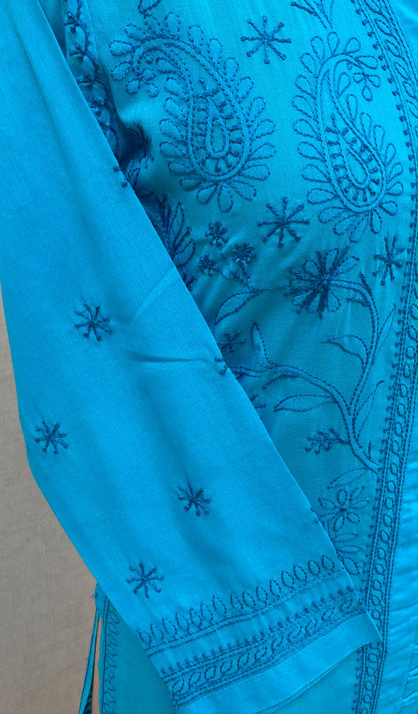 Women's Lakhnavi Handcrafted Turquoise Cotton Chikankari Kurti - NC068813