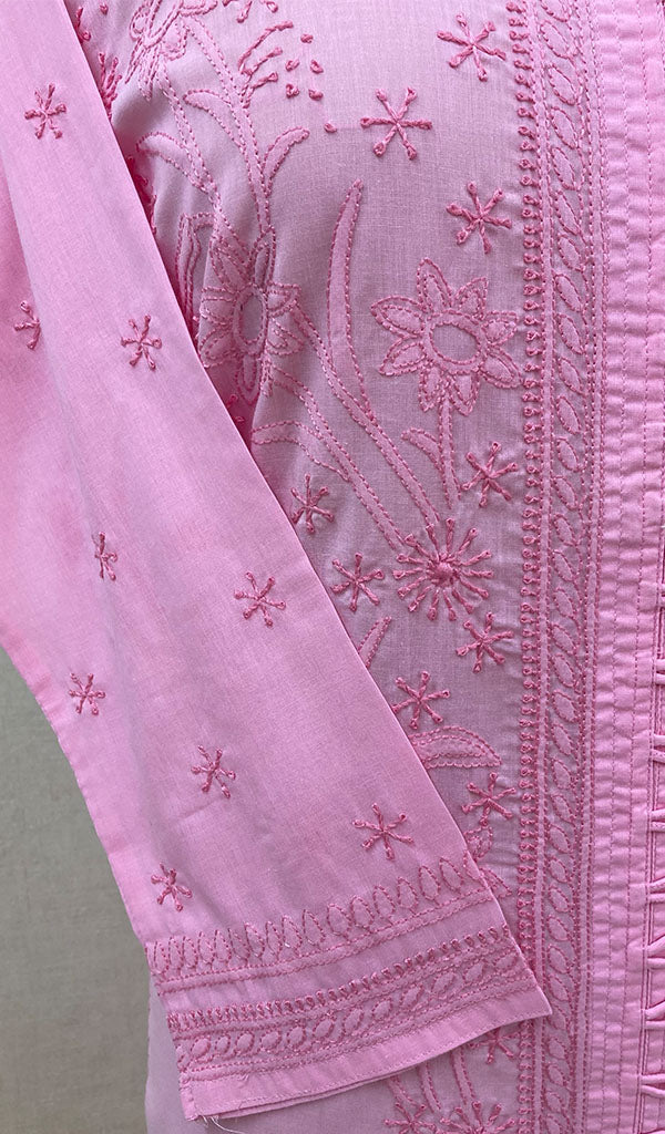 Women's Lucknowi Handcrafted Baby Pink Cotton Chikankari Kurti - NC068816