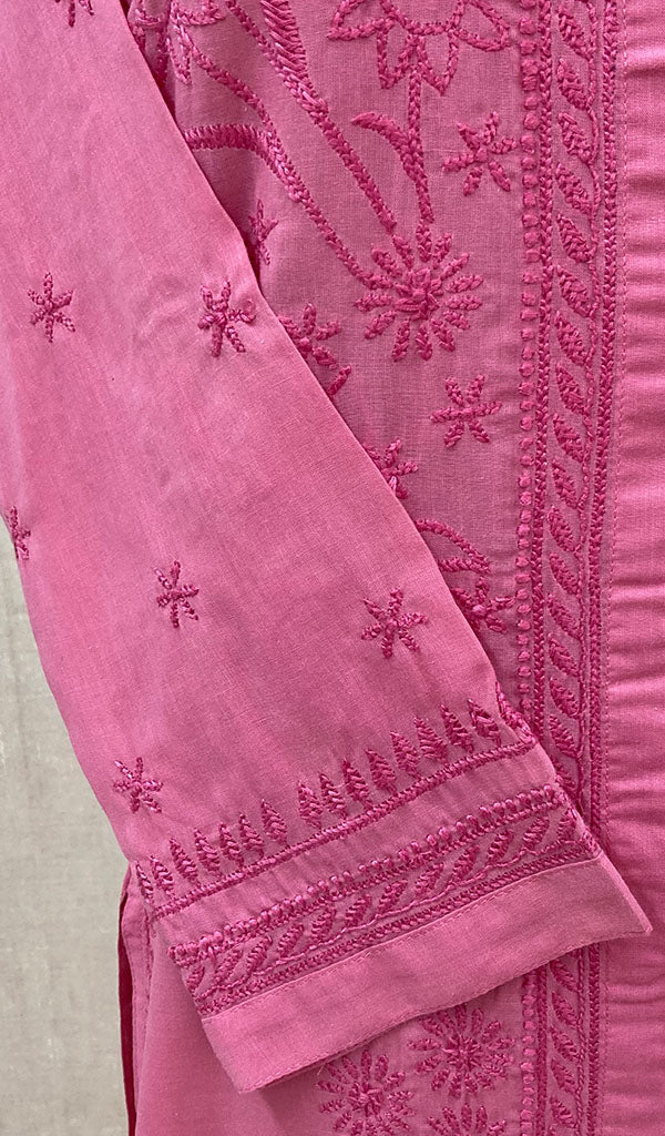 Women's Lakhnavi Handcrafted Dark Pink Cotton Chikankari Kurti - NC068819
