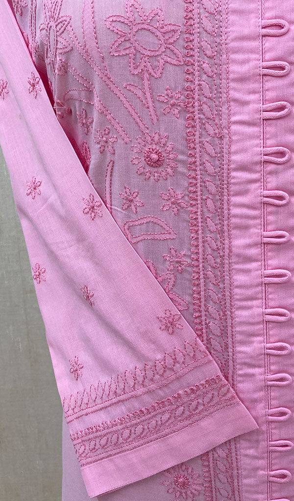 Women's Lucknowi Handcrafted Baby Pink Cotton Chikankari Kurti - NC068822