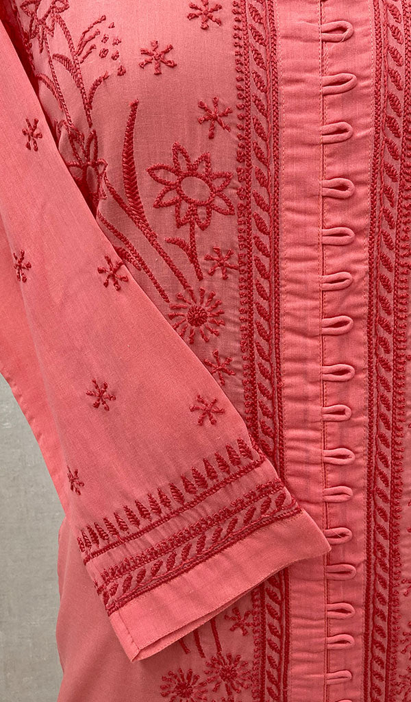 Women's Lakhnavi Handcrafted Pink Cotton Chikankari Kurti - NC068823