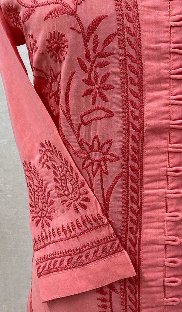 Women's Lakhnavi Handcrafted Pink Cotton Chikankari Kurti - NC068834