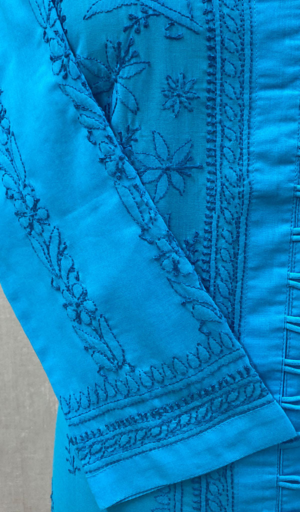 Women's Lucknowi Handcrafted Turquoise Cotton Chikankari Kurti - NC068840
