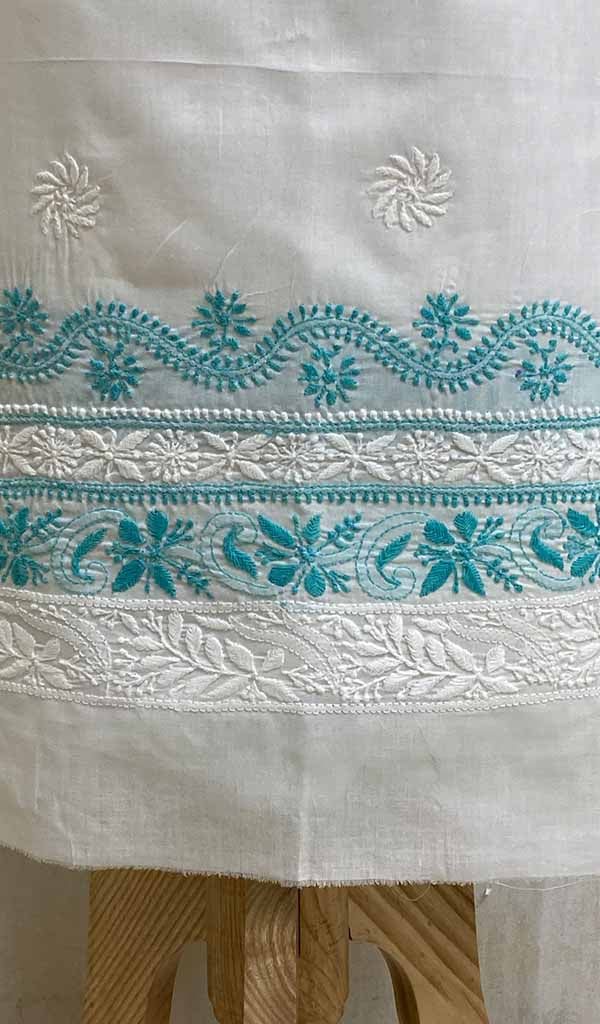 Women's Lakhnavi Handcrafted White Cotton Chikankari Unstitched Kurti Fabric - NC074568