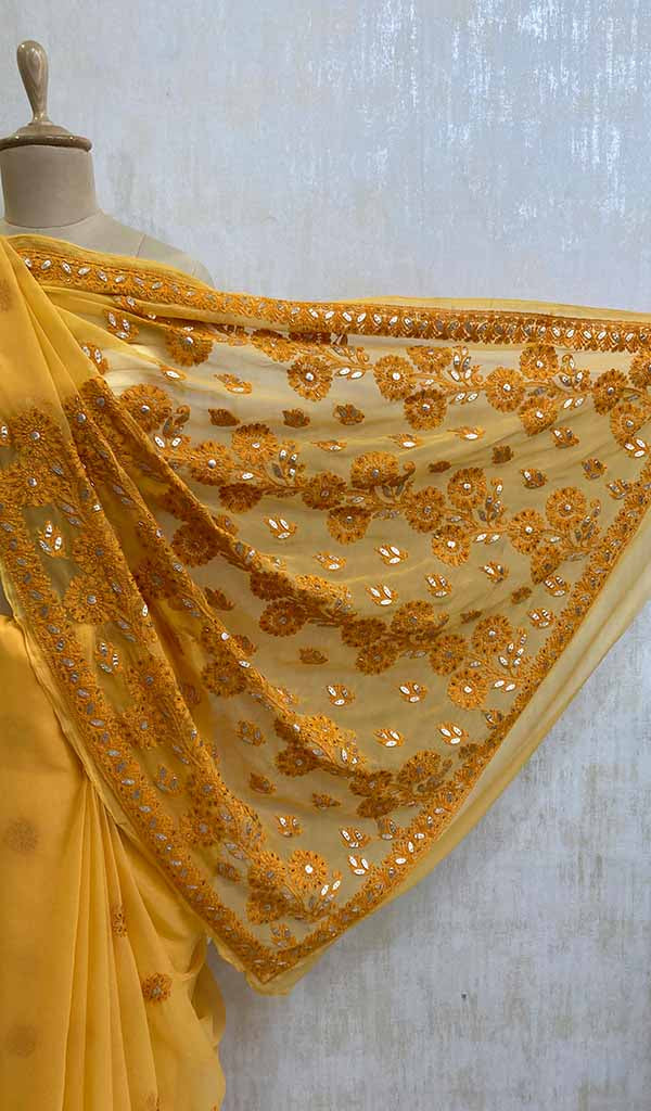 Handloom hand embroidered pure georgette silk Lucknowi heavy chikankari  saree | JHaanpi