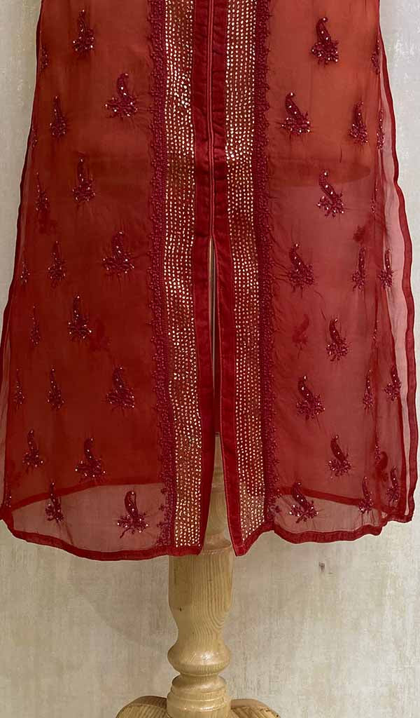 Women's Lakhnavi Handcrafted Red Organza Chikankari Kurti - NC075881