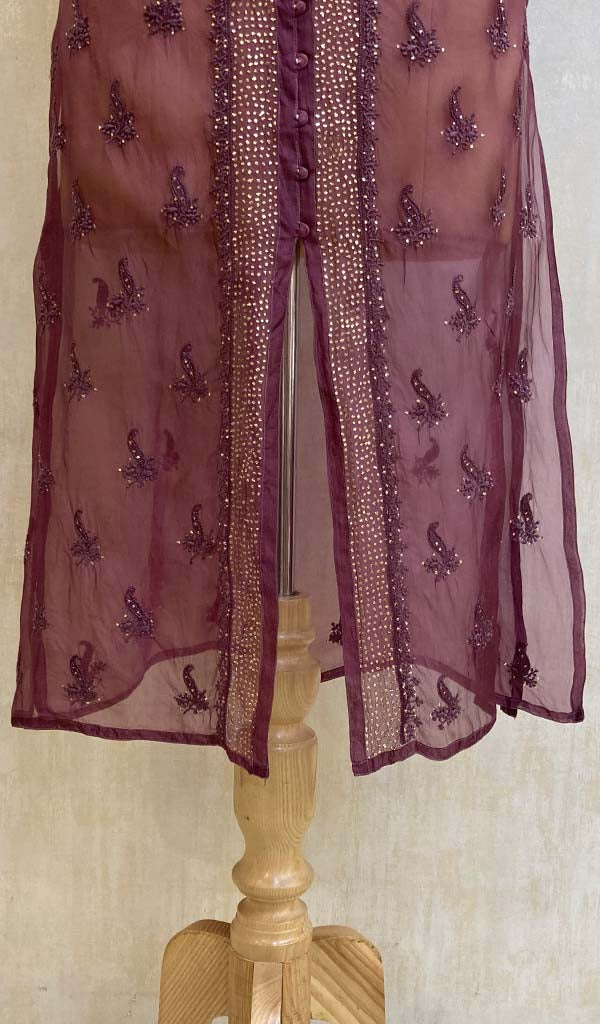 Women's Lucknowi Handcrafted Purple Organza Chikankari Kurti - NC075894