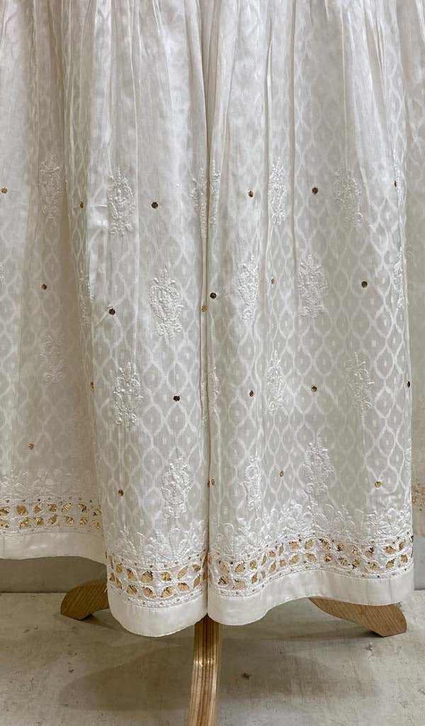 Women's Lucknowi Handcrafted Off White Pure Silk Chikankari Kurta  And Sharara Set - HONC09862