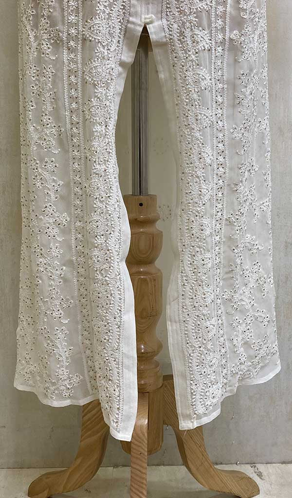 Women's Lucknowi Handcrafted White Faux-Georgette Chikankari Dress - HONC011169