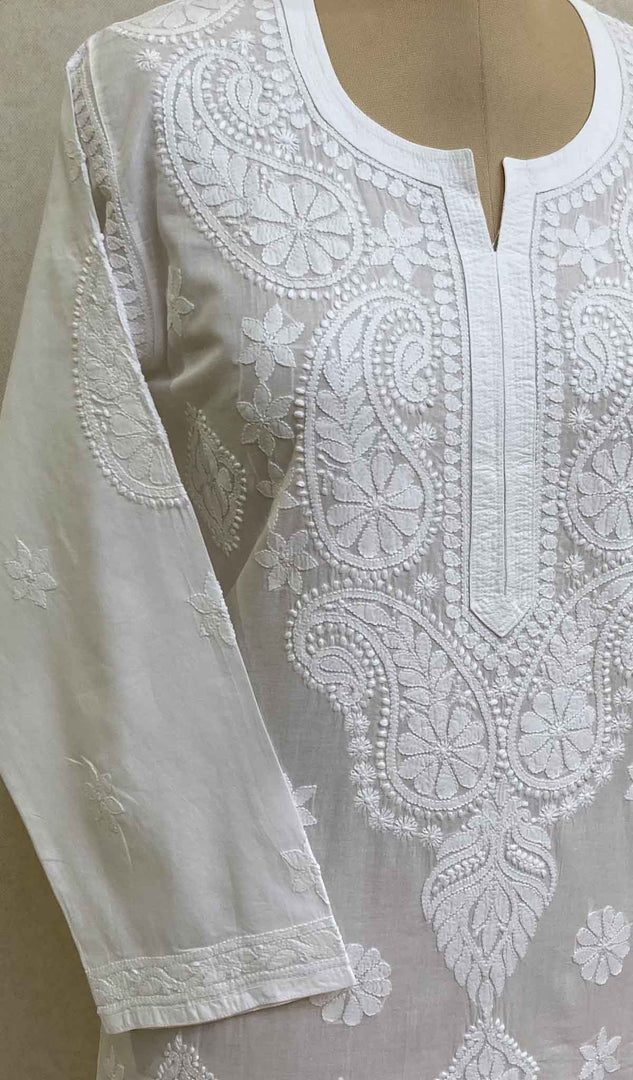勒克瑙手工制作的白色棉质 Chikankari Kurti - HONC029997