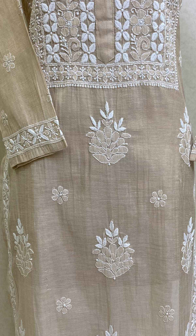 Women's Lakhnavi Handcrafted Beige Tissue Chanderi Chikankari Kurti - HONC027518