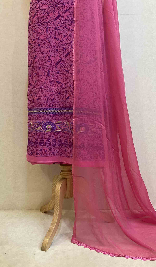 Women's Lakhnavi Handcrafted Pink Cotton Chikankari Suit Material- HONC032524