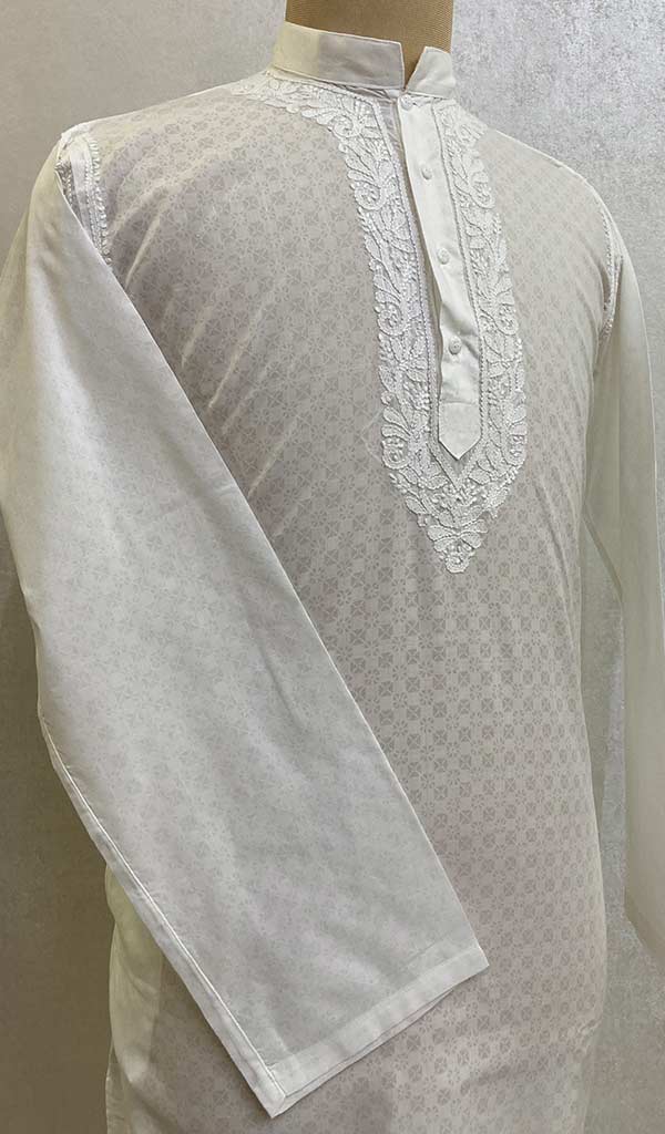 Men's Lucknowi Handcrafted Cotton Chikankari Kurta - HONC072364