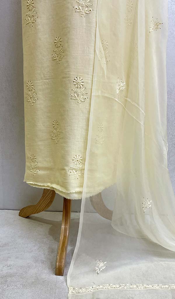 Lucknowi 手工制作亚麻棉 Chikankari Kurta 带雪纺 Dupatta 套装 - HONC067900