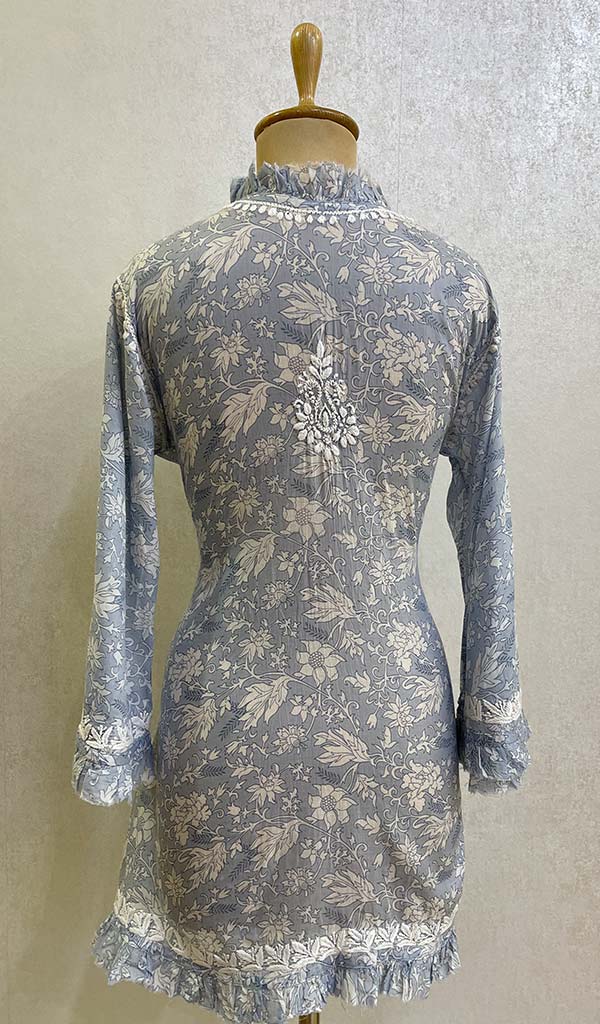 Lakhnavi 手工印花 Mulmul 棉质 Chikankari 上衣 - HONC079892