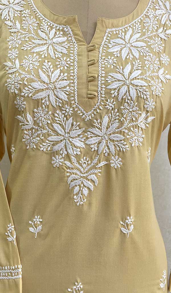 Lucknowi 手工制作的 Chikankari 棉质上衣 - HONC091544 