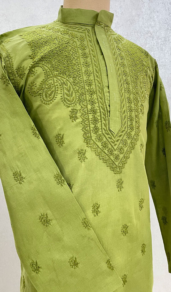 Men's Lucknowi Handcrafted Cotton Chikankari Kurta - HONC098839