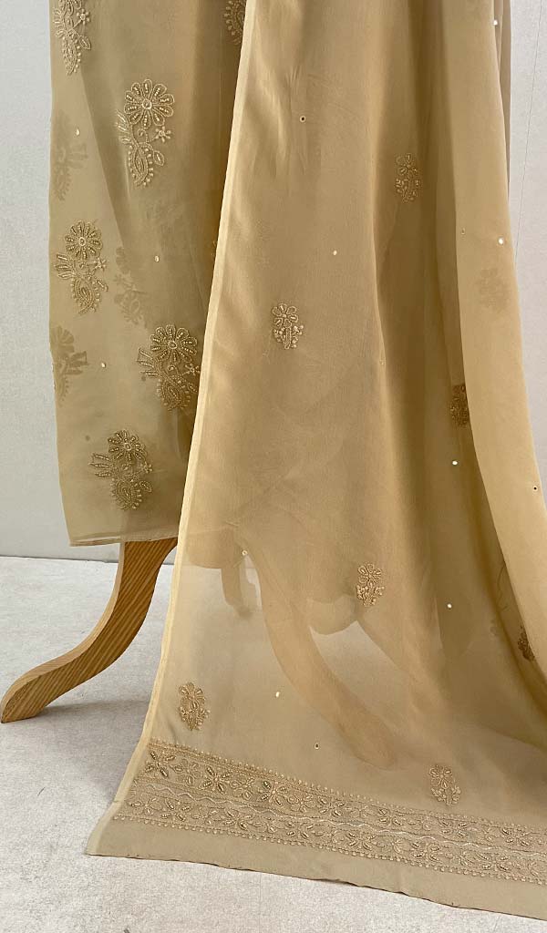 Lakhnavi 手工粘胶乔其纱 Chikankari Kurta 和 Dupatta 套装 - HONC091963