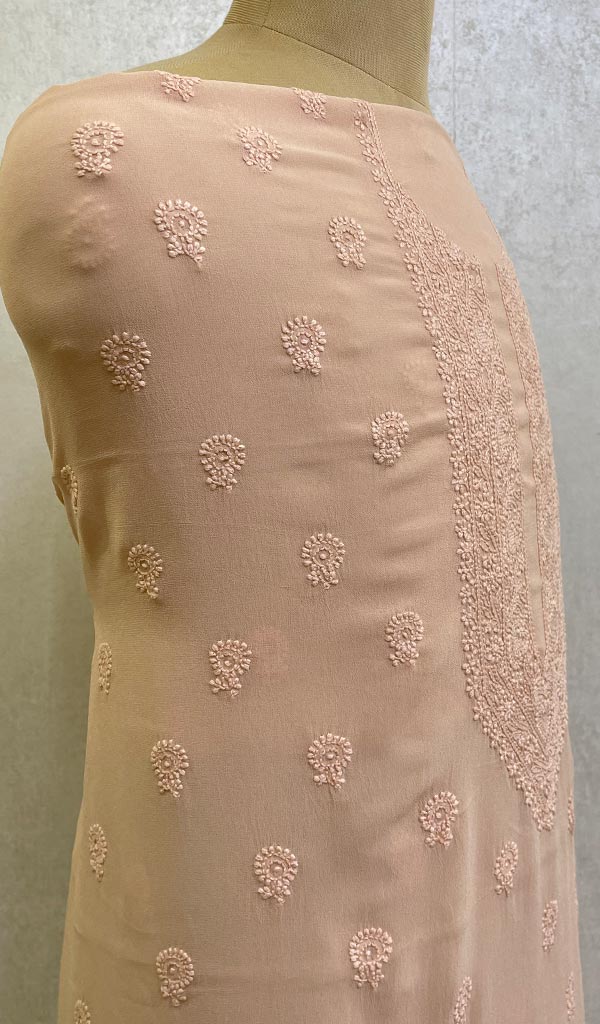 Lucknowi Handcrafted Viscose Georgette Chikankari Unstitched Men's Kurta Fabric - HONC0112602