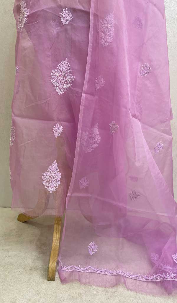 Lakhnavi 手工制作的欧根纱 Chikankari 未缝合库尔塔和杜帕塔套装 - HONC0114875