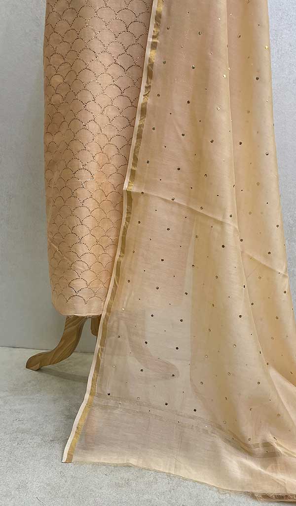 Women's Lakhnavi Handcrafted Chanderi Silk Chikankari Full Suit Material - Honc022058