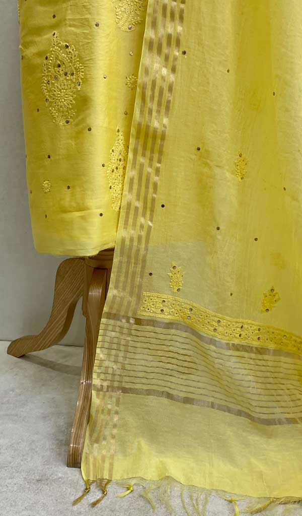 Women's Lakhnavi Handcrafted Chanderi Silk Chikankari Full Suit Material - HONC0107754