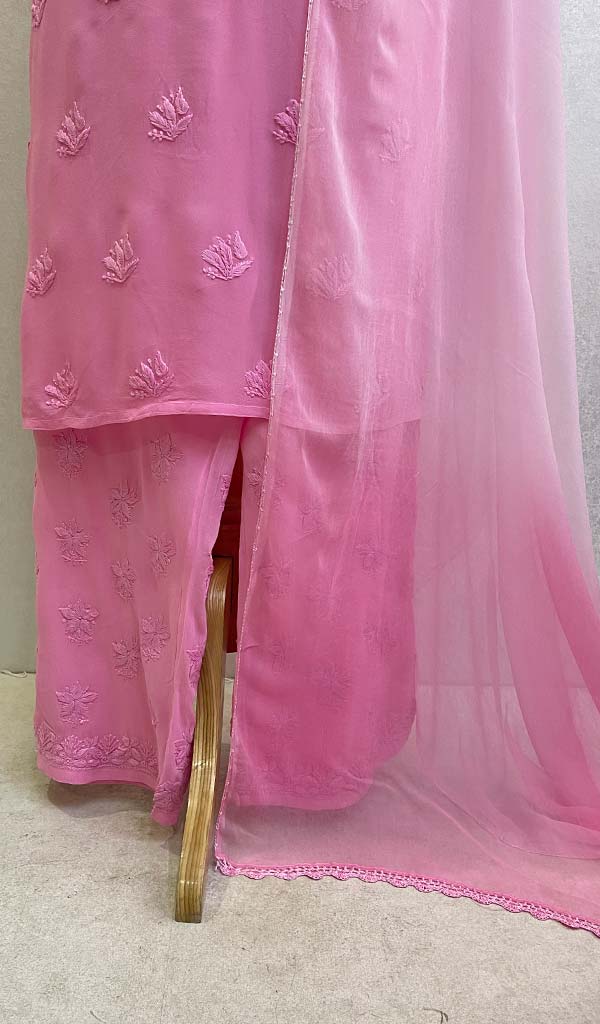 Women's Lucknowi Handcrafted Viscose Georgette Chikankari Kurta  Palazzo With Dupatta Set  - HONC0113559